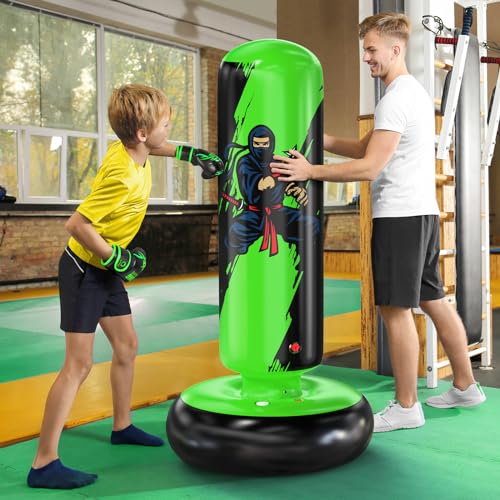QPAU Punching Bag for Kids, 66 Inch Stable Inflatable Boxing Bag with Boxing Gloves, Stand Kids Punching Bag Toy for Boys & Girls Age 6-12, Boxing Set for Practicing Karate, Taekwondo, MMA - color: Green