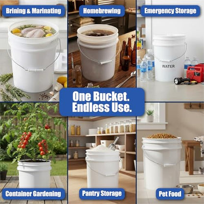 5 Gallon Bucket - Food Grade Bucket, Metal Handle Grip, BPA-Free, Heavy-Duty 90 Mil HDPE Plastic Pail, Stackable Utility Container, Made in USA, Lid Not Included, White, 6 Packs