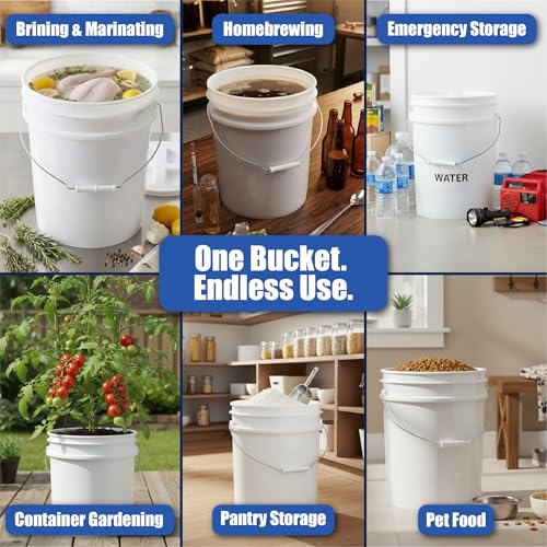 5 Gallon Bucket - Food Grade Bucket with Airtight Gasketed Tear Strip Lid, BPA-Free, Heavy-Duty 90 Mil HDPE Plastic Pail, Bulk Storage, Durable Container, Made in USA - White, 1 Pack - color: White, size: 1 Pack
