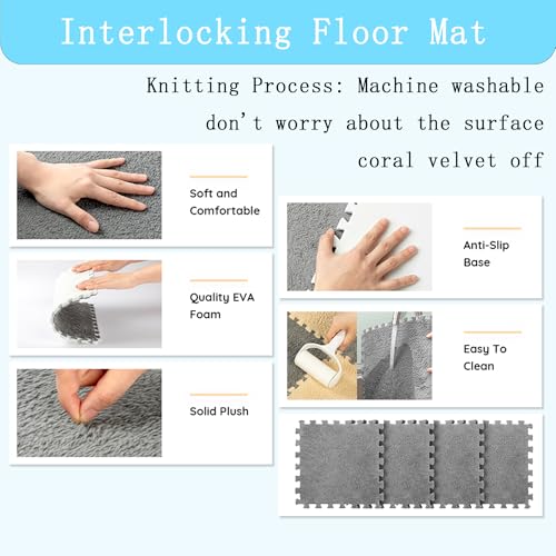 Interlocking Carpet Shaggy Soft EVA Foam Mats Fluffy Square Thickened Plush Tiles Protective Floor Tiles Exercise Play Mat for Children Kids Room Home Parlor Bedroom (Grey, 12 Pcs) - color: Grey