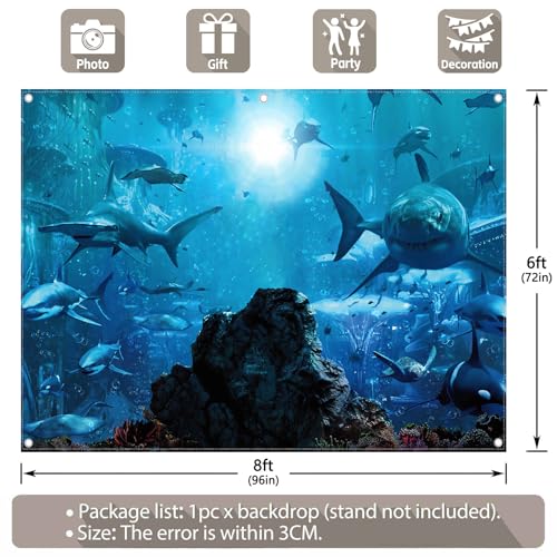 Fabric 8x6ft Shark Theme Photography Backdrop Underwater Deep Ocean Animals Fish Background Aquarium Kids Party Decorations Photo Banner Props