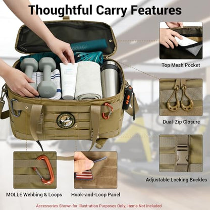 kokkoya 40L Tactical Gym Duffel Bag Molle Backpack for Men Travel | Main compartment opens 270 degrees. Hidden straps enable hand, shoulder and backpack carry with MOLLE organization system