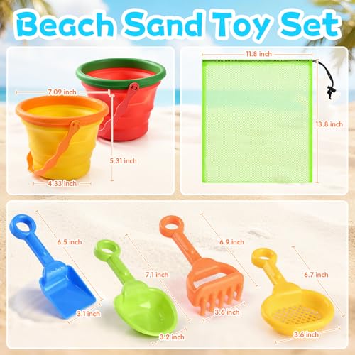 Collapsible Beach Toys for Kids, 2 Packs Foldable Silicone Sand Buckets Set with 4 Packs Sand shovels and Mesh Bag, Travel Beach Essentials for Sandbox, Pool, Camping,Fishing, Summer Party Favors