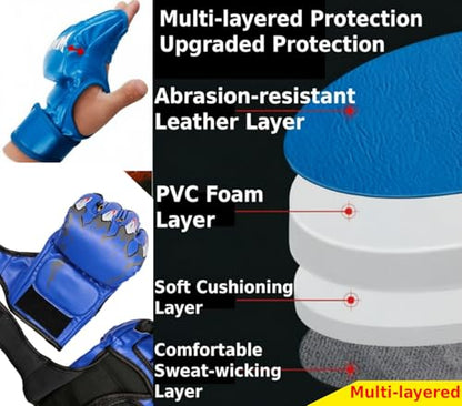 MMA Gloves Grappling Sparring, Mixed Martial Arts Mitts Men Women Boxing Gloves, Combat Sports Training, Muay Thai, Kickboxing, Open Palm Training Gloves for Grappling - color: Blue with tiger claw patterns