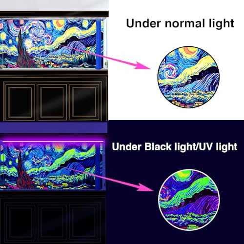 24X16IN Blacklight Vincent Van Gogh Black Light Aquarium Background, UV Fish Tank Background Art Star Oil Painting Terrarium Background with 10 EVA Double-Sided Tape - size: 24X16in/60X40cm