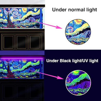 72X18IN Blacklight Vincent Van Gogh Black Light Aquarium Background, UV Fish Tank Background Art Star Oil Painting Terrarium Background with 10 EVA Double-Sided Tape - size: 72X18in/180X45cm