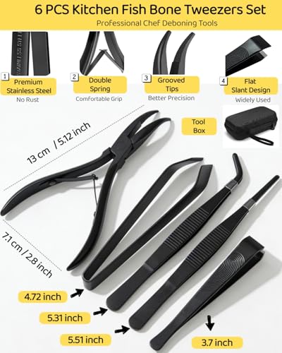 6 PCS Fish Bone Tweezers Set, Stainless Steel Fish Bone Pliers, Kitchen Fish Pin Deboner Tools, Professional Chef Deboning Tweezers, Flat Slant Bone Remover for Salmon, Trout