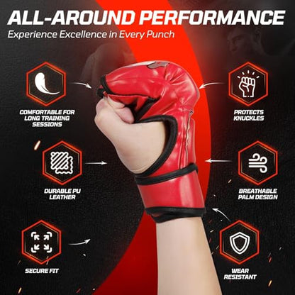 Flexzion MMA Gloves Fingerless Boxing Gloves for Men Women and Teen Youth, UFC Grappling Krav MAGA Kickboxing Gloves for Training Punching Bag Muay Thai Hitting Mitts Cutoff Martial Art Gloves - color: Red