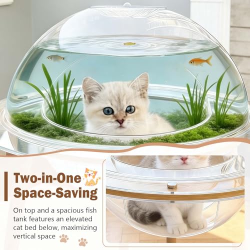Large 2-in-1 Cat Cave & Fish Tank, 360° Immersive Cat TV House with Internal Observation Tunnel, Heavy-Duty Plywood Base & 4mm Thick Acrylic, Modern Pet Enrichment Furniture for Indoor Cats