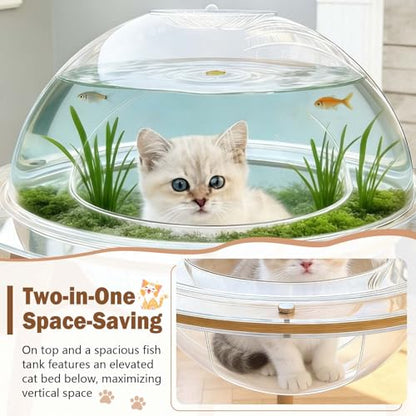 Large 2-in-1 Cat Cave & Fish Tank, 360° Immersive Cat TV House with Internal Observation Tunnel, Heavy-Duty Plywood Base & 4mm Thick Acrylic, Modern Pet Enrichment Furniture for Indoor Cats