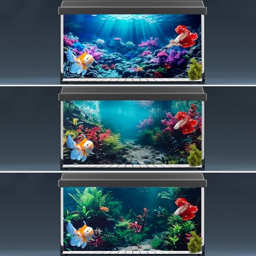 3 Pack Aquarium Background, 48x24 inches Polyester Aquarium Background, Cloth Fish Tank Background, Undersea Corals Sunshines & Rock Aquatic Plants