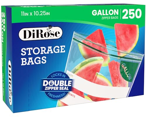 DiRose Gallon Bags Pack of 250 – 1 Gallon Reclosable Storage Bags – Practical and Durable Design – Food Safe Non-BPA Material – Easy Zip Closure – Ideal for Food, Snacks, Dog Treats, Organizing