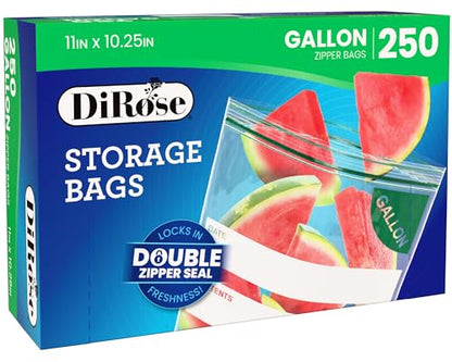 DiRose Gallon Bags Pack of 250 – 1 Gallon Reclosable Storage Bags – Practical and Durable Design – Food Safe Non-BPA Material – Easy Zip Closure – Ideal for Food, Snacks, Dog Treats, Organizing