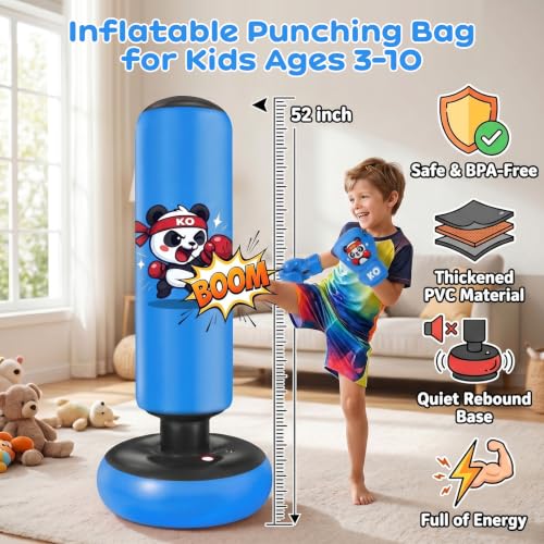 Qoosea Punching Bag for Kids 48in Dinosaur Toys Boxing Bag Set with Gloves - color: Dark Blue