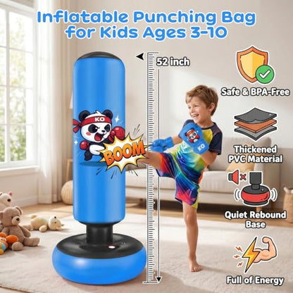 Qoosea Punching Bag for Kids 48in Dinosaur Toys Boxing Bag Set with Gloves - color: Dark Blue