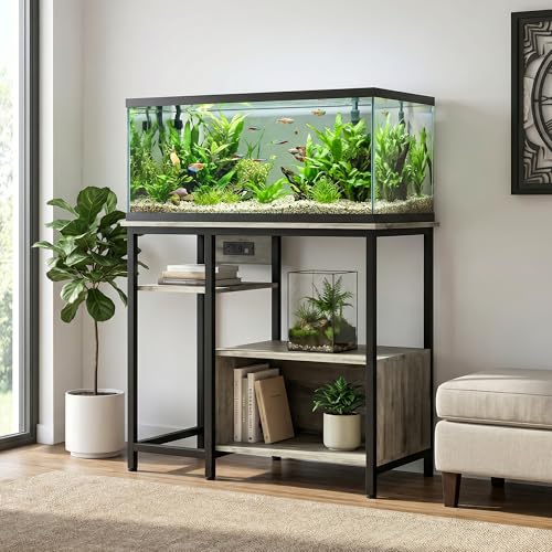 Heavy Duty 40-50 Gallon Aquarium Stand - Metal & Wood, 4-Tier Open Storage Shelves, Drawer, Power Outlets, Sturdy Legs, Supports up to 660LBS, 36.6" x 18.9" x 30.7" - Gray
