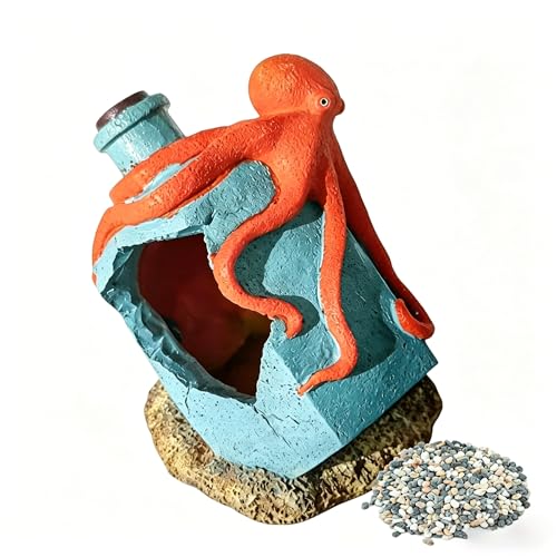 Resin Octopus and Broken Bottle Aquarium Ornament, Fish Tank Decor Hideout for Shrimp and Small Aquatic Species, Blue
