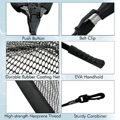 Black Paw Floating Fishing Net Foldable Telescopic Fish Landing Net with Built in Length Scale Rubber Coated for Kayak, Fly, Trout