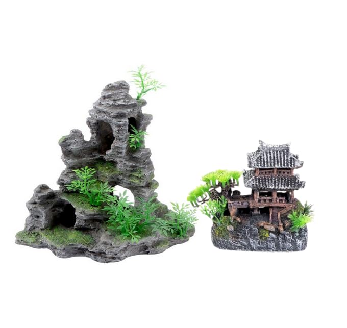 Saim Large Aquarium Decor Set - Resin Castle & Mountain Stone, 2Pack | Resin Castle and Mountain View Stone Ornament, Fish Tank Rock Decor & Aquatic Plant Background, Freshwater/Saltwater Tanks