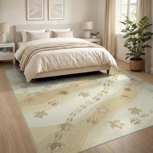 8'x10' Washable Beachy Sea Turtle Large Rug, Beige Non-Shedding Pet Friendly Carpet for King Size Bedroom, Master Suite, Under Bed, Foldable Easy Care Mat | Ref:1955149 - color: Beige/Pattern 19, size: 8' x 10' (Rectangular)