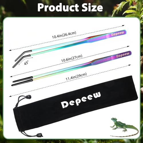 Reptile Feeding Tongs, Stainless Steel Long Tweezers Set, 3 Pack | 10.6" Straight & Curved Tweezers with Soft Rubber Tip, for Aquarium Terrarium, Crafts, Bearde Dragon Tank Accessories, Silver