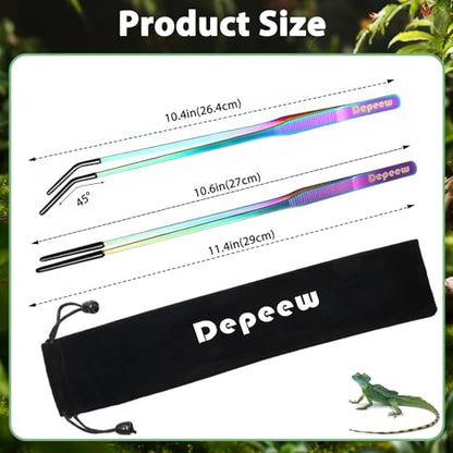 Reptile Feeding Tongs, Stainless Steel Long Tweezers Set, 3 Pack | 10.6" Straight & Curved Tweezers with Soft Rubber Tip, for Aquarium Terrarium, Crafts, Bearde Dragon Tank Accessories, Silver