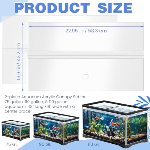Aquarium Lids Acrylic Canopy 2 Pieces Set 22.95 x 16.61 x 0.28 Inch for 75/90/110 Gallon with Center Brace Aquariums Cover Fish Tank Lid with a Hook Knife, Clear
