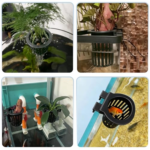 Aquarium Plant Holder Pack of 2 Black Hanging Aquatic Plant Cup Pot for Fish Tank,Round Hydroponic Planter Basket for Aquascape，3-Size Hooks & Suction Cups