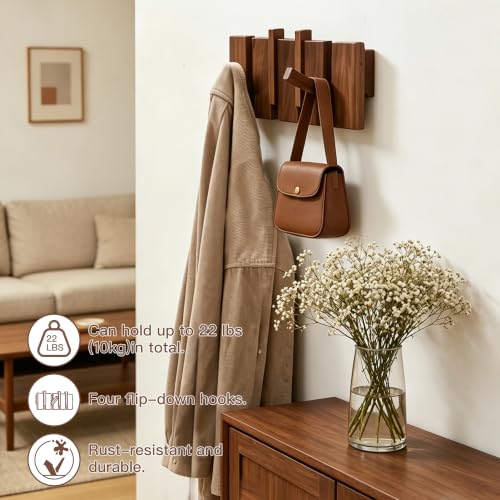 QUELLANCE Wooden Coat Hooks Wall Mounted, Coat Rack Hanger Wall Mount with 4 Hooks, Heavy Duty Coat Hooks for Hanging Coats/Keys/Hats/Robe&Towels/Plants/Bags, Home Decor Gift, Walnut - size: 4 Hooks