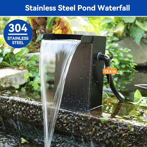 55W Solar Pond Waterfall Box with Fountain Pump, 304 Stainless Steel Pond Waterfall Spillway, Pond Spillway with 9.8FT PU Corrugated Tubing for Garden Waterfall,Water Features-P5552H