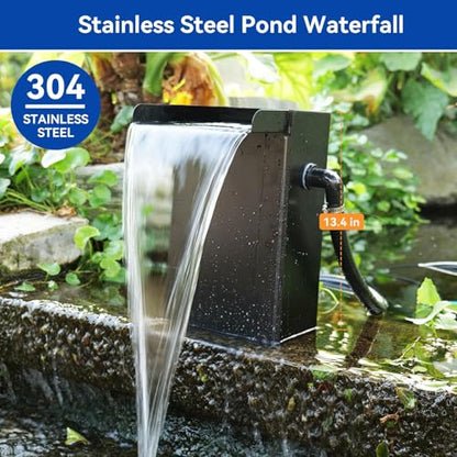 55W Solar Pond Waterfall Box with Fountain Pump, 304 Stainless Steel Pond Waterfall Spillway, Pond Spillway with 9.8FT PU Corrugated Tubing for Garden Waterfall,Water Features-P5552H