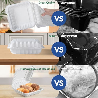 White To Go Containers 8" 34 oz 55 Pack - Shrink Wrap Ready to Use | Mineral Filled PP BPA Free Clamshell Boxes | Food Grade Freezer Microwave Dishwasher Safe | Bulk for Catering & Restaurants - size: 8 inch 34 oz