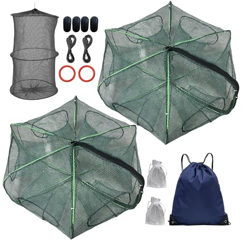 2Pcs Foldable Fish Trap,Minnow Trap,Crab Trap,Fishing Net,Bait Cage for Crabs Minnow Lobster Shrimp Crawfish (6Holes)