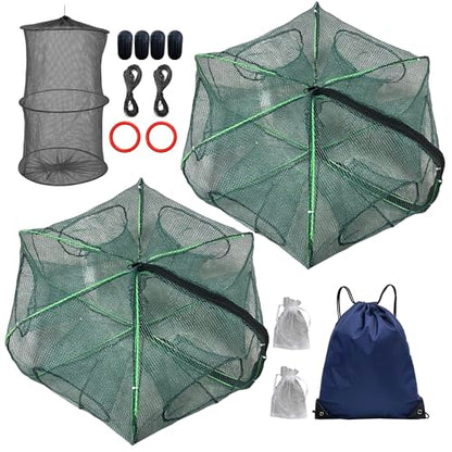 2Pcs Foldable Fish Trap,Minnow Trap,Crab Trap,Fishing Net,Bait Cage for Crabs Minnow Lobster Shrimp Crawfish (6Holes)
