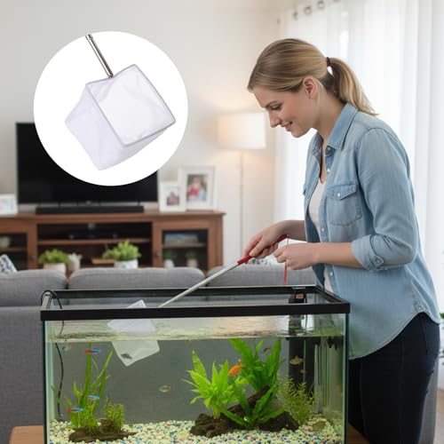 3 Inch Aquarium Net, Fish Net for Fish Tank with 8.6" to 39" Long Extendable Stainless Steel Handle Red Small Square Fine Mesh Shrimp Nets Pond Food Residue Debris Skimming Tool for Fishes Shrimp
