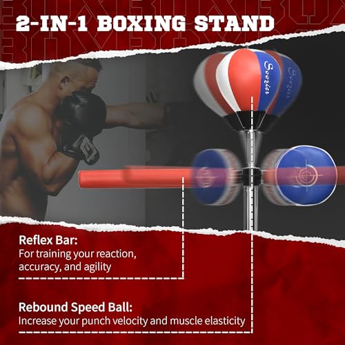 Soozier Free Standing Boxing Bag with Stand, Punching Speed Bag Reaction Bar Challenge with Suction Cups, 64-81in Adjustable Height for Teenagers and Adults - color: Multi