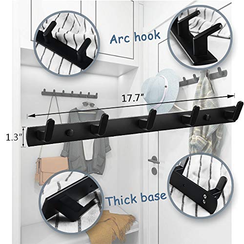 Wall Mounted Coat Rack, 5 Hooks, 17.7"x1.3", Modern, Black, 2 Pcs - size: 17.7*1.3*1.6 Inch
