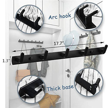 Wall Mounted Coat Rack, 5 Hooks, 17.7"x1.3", Modern, Black, 2 Pcs - size: 17.7*1.3*1.6 Inch