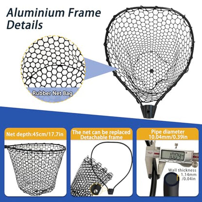 Telescoping Rubber Fishing Net with Handle 64"/46“ Long Silicone Large Fish Landing Net Kayak/Fishpond/Saltwater Extendable Fishing Gear Accessories - color: Black:3-section pole|length:63.7"