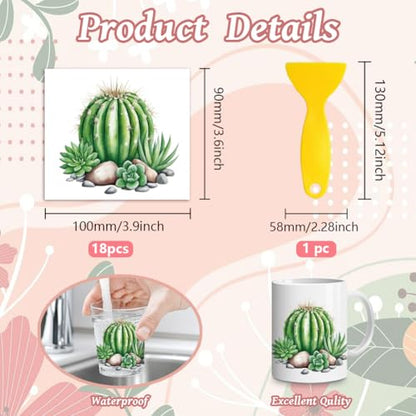 Peacoblue 18 Sheets Rub on Transfers for Crafts, Cactus and Succulent 3.6"x3.9" UV DTF Cup Wraps Waterproof Rub on Cold Transfers Stickers for Wood Glass Metal Cup Tumblers Mirrors Mugs Home Decor - style: Cactus And Succulent
