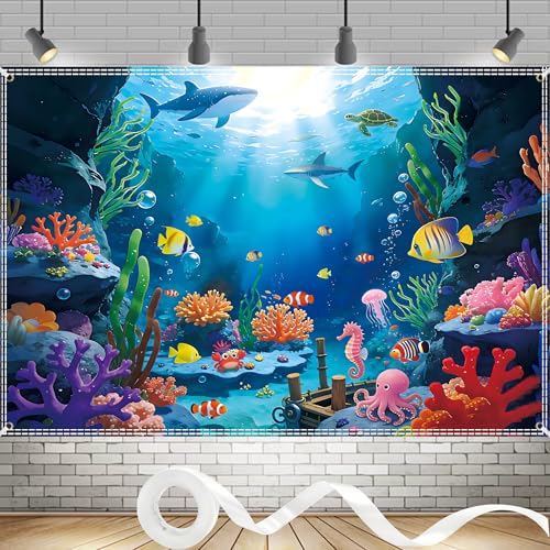7x5Ft Under The Sea Backdrop Polyester Ocean Backdrop Under The Sea Themed Party Decorations Tropical Fish Dolphin Turtle Coral Deep Sea Sunlight Photo Booth Banner with Ribbon