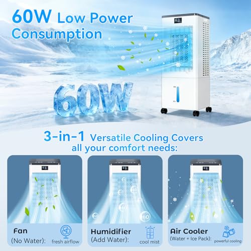 Portable Air Conditioners,3-in-1 Evaporative Cooling Fans that Blow Cold Air, 4 Modes 3 Speeds, 120°Oscillation, LED Display, 12H Timer, Windowless Portable AC w/ 8L Tank & Remote for Home Bedroom