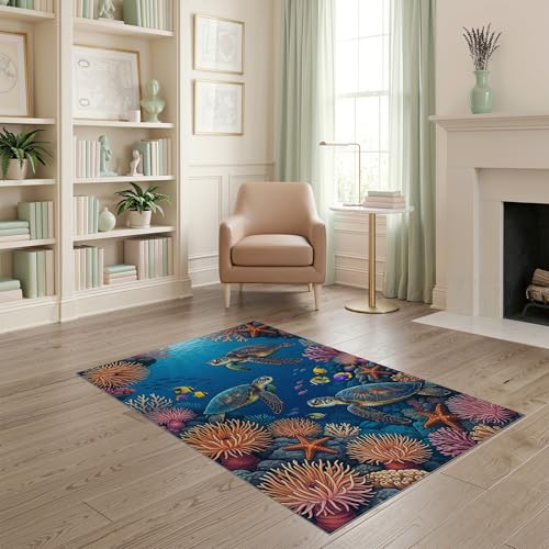 4'x6' Washable Beachy Turtle Accent Rug, Pink Non-Shedding Small Carpet for Playroom, Bedroom, Reading Nook, Pet Friendly & Kids Safe Play Mat | Ref:1955521 - color: Blue/Pattern 24, size: 4' x 6' (Rectangular)