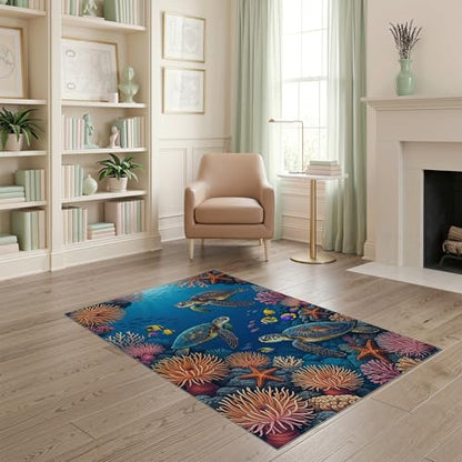 4'x6' Washable Beachy Turtle Accent Rug, Pink Non-Shedding Small Carpet for Playroom, Bedroom, Reading Nook, Pet Friendly & Kids Safe Play Mat | Ref:1955521 - color: Blue/Pattern 24, size: 4' x 6' (Rectangular)