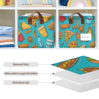Ollabaky Collapsible Rectangular Closet Storage Bin Burger Fried Chicken Hot Dog Pizza Taco French Fries Shelf Basket Box with Leather Handles - Storage Cube, Nursery Storage, Laundry Hamper