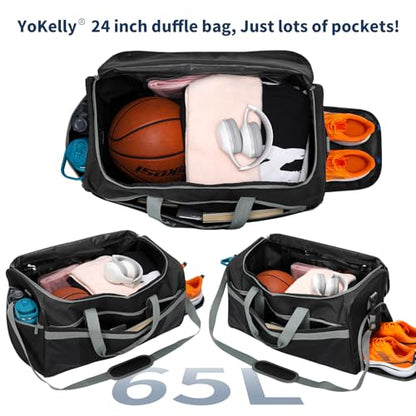 65L Gym Bag for Men, Wet Pocket, Shoe Compartment, 24 inch, Black