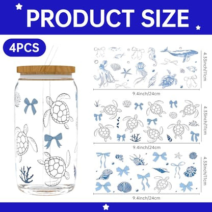 UV DTF Cup Wrap Transfer Stickers Rub On Transfers 4 Sheets Sea Turtle Tumblers Water Bottles Mugs Glasses Cups - style: Sea Turtle