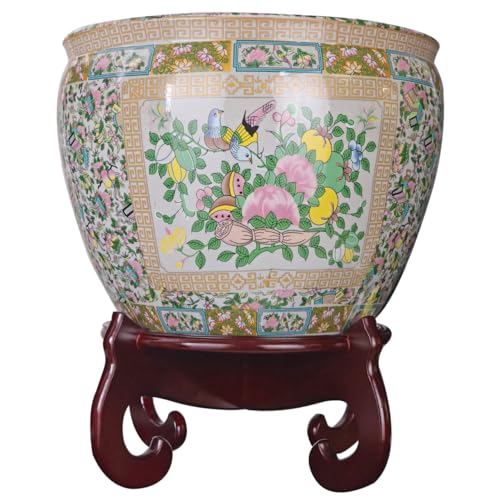 Large Porcelain Floral Rose Medallion Fishbowl Cachepot Planter