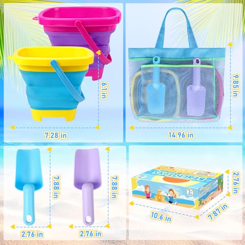 Collapsible Beach Buckets for Kids, 2 Packs Foldable Sand Buckets and Shovels with Mesh Beach Bag, Silicone Sand Pails for Toddlers Beach Toys, Easter Egg Hunt, Camping, Travelling, Fishing Water Pail