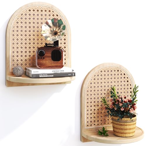 Rattan Shelf Set of 2, 7''Natural Rattan Shelf with Wicker Decor, Boho Wall Decor Small Floating Shelf for Plant Figurines Display, Mini Shelves for Knick Knack Storage - color: A.natural, size: 9.25*5.41*11.61 inch